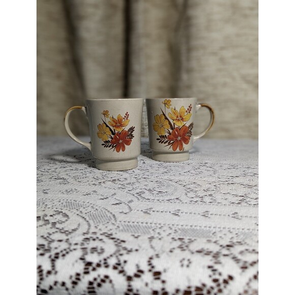 Vintage Casualstone Floral Coffee Mugs Set Of Two Made In Japan - Picture 1 of 9